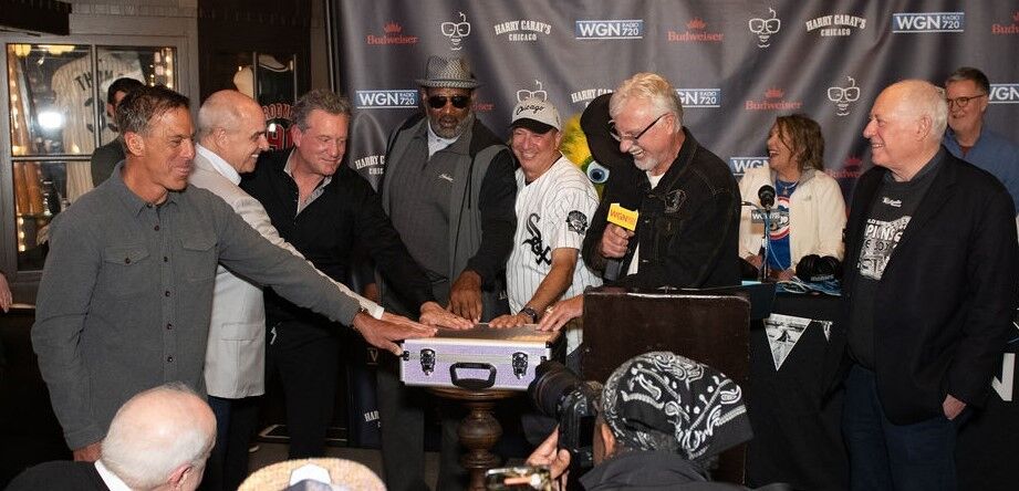 Sports legends, that included Chris Chelios, Jeremy Roenick, Mike Huff, Richard Dent and Ron Kittle, and fans Lee Golub and former Governor Pat Quinn and Lisa Dent were on hand to toast Harry Caray and try to break the White Sox "Black Sox Ball" curse f...